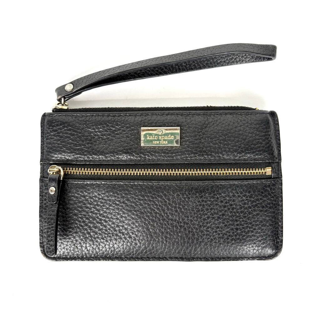 Kate Spade New York Highland Place Bee Wristlet Black Pebbled Leather Gold Zip